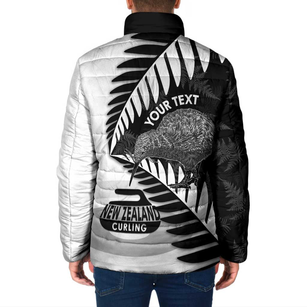 New Zealand Silver Fern Curling Personalised Padded Jacket Aotearoa Kiwi Ponga Black White Version - Aussie Hoodie
