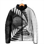 New Zealand Silver Fern Curling Personalised Padded Jacket Aotearoa Kiwi Ponga Black White Version - Aussie Hoodie