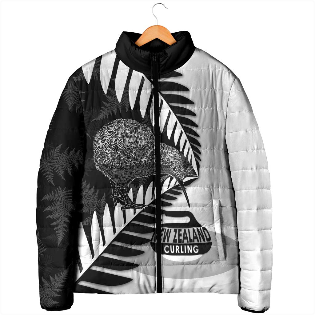 New Zealand Silver Fern Curling Personalised Padded Jacket Aotearoa Kiwi Ponga Black White Version - Aussie Hoodie
