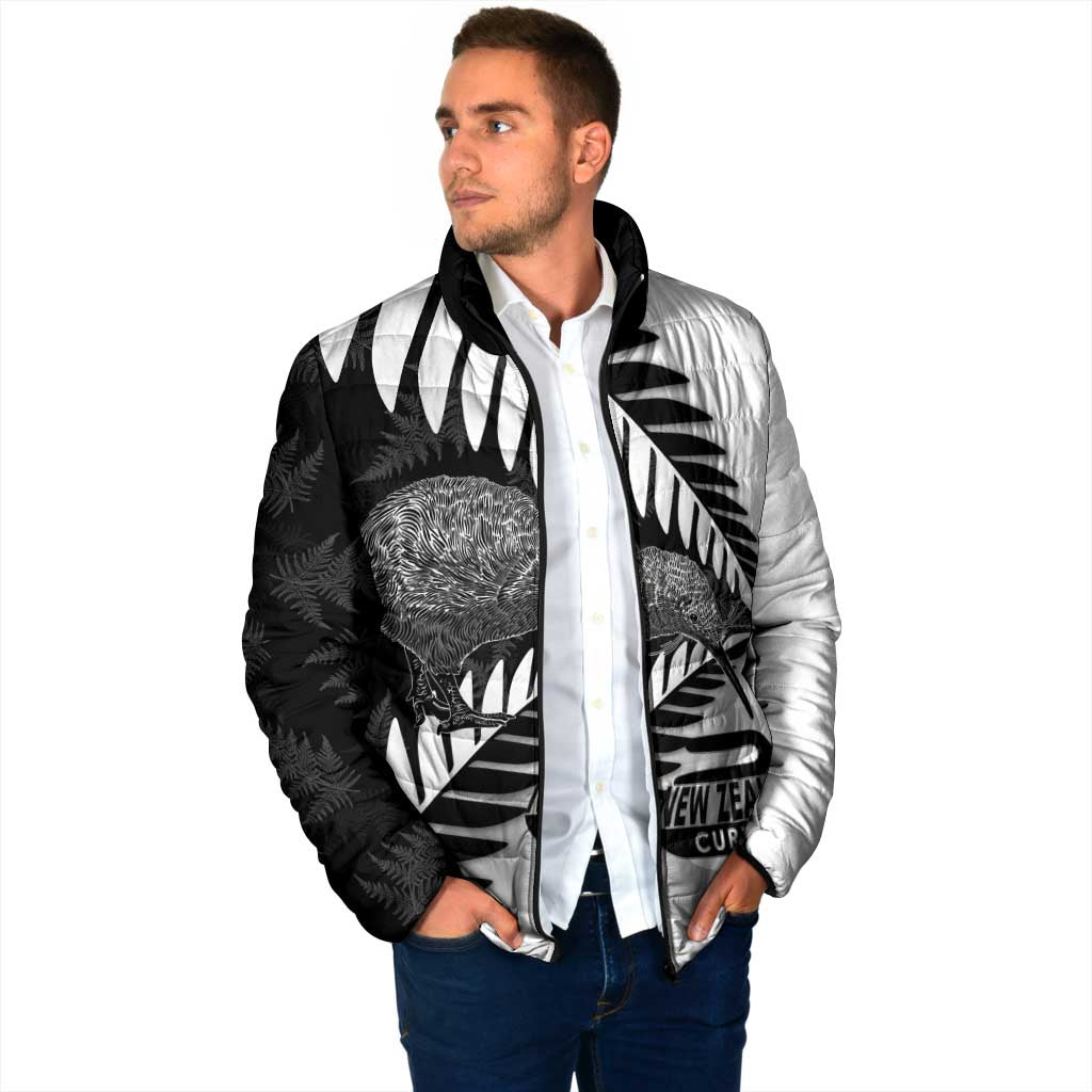 New Zealand Silver Fern Curling Personalised Padded Jacket Aotearoa Kiwi Ponga Black White Version - Aussie Hoodie