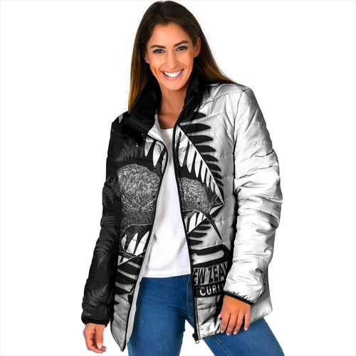 New Zealand Silver Fern Curling Personalised Padded Jacket Aotearoa Kiwi Ponga Black White Version - Aussie Hoodie