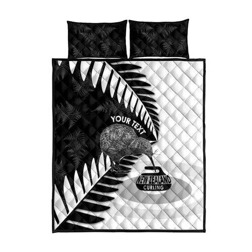 New Zealand Silver Fern Curling Personalised Quilt Bed Set Aotearoa Kiwi Ponga Black White Version - Aussie Hoodie