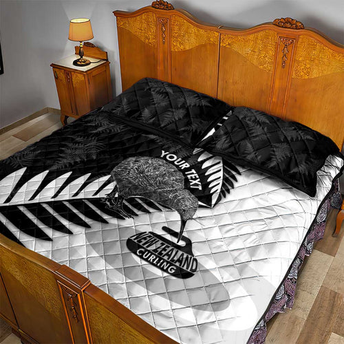 New Zealand Silver Fern Curling Personalised Quilt Bed Set Aotearoa Kiwi Ponga Black White Version - Aussie Hoodie