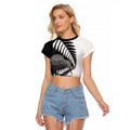 New Zealand Silver Fern Curling Personalised Raglan Cropped T Shirt Aotearoa Kiwi Ponga Black White Version - Aussie Hoodie