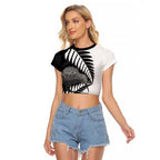 New Zealand Silver Fern Curling Personalised Raglan Cropped T Shirt Aotearoa Kiwi Ponga Black White Version - Aussie Hoodie