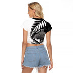 New Zealand Silver Fern Curling Personalised Raglan Cropped T Shirt Aotearoa Kiwi Ponga Black White Version - Aussie Hoodie