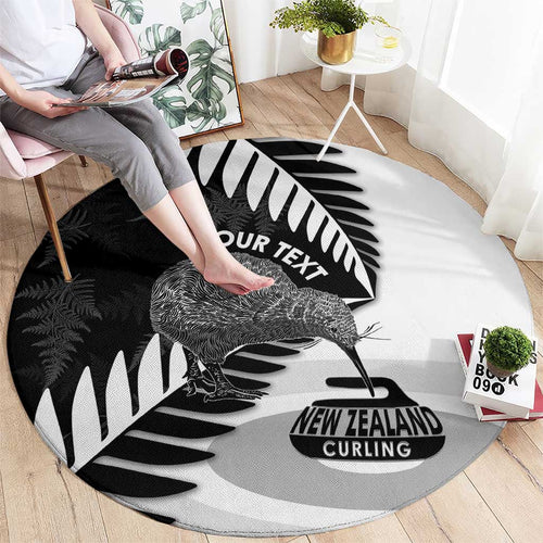 New Zealand Silver Fern Curling Personalised Round Carpet Aotearoa Kiwi Ponga Black White Version - Aussie Hoodie