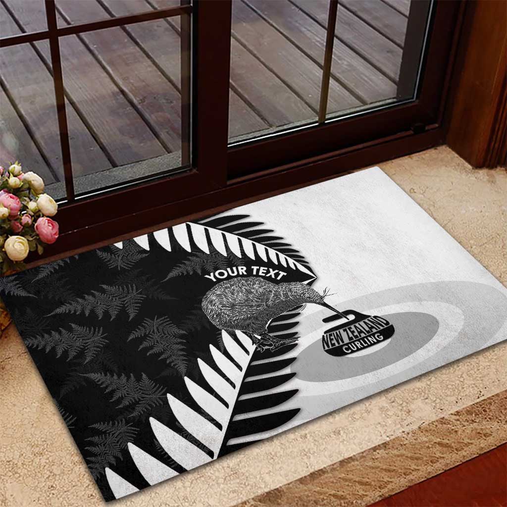 New Zealand Silver Fern Curling Personalised Rubber Doormat Aotearoa Kiwi Ponga Black White Version - Aussie Hoodie