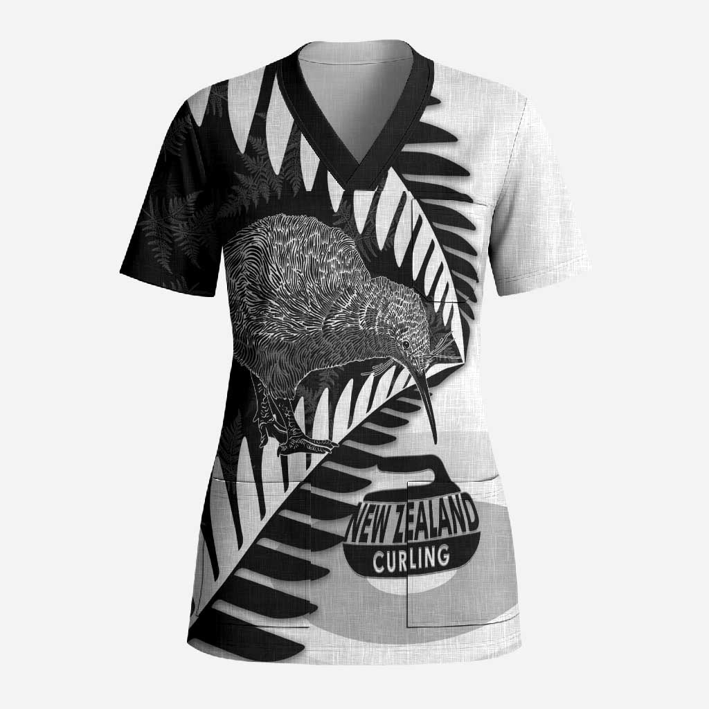 New Zealand Silver Fern Curling Personalised Scrub Top Aotearoa Kiwi Ponga Black White Version - Aussie Hoodie