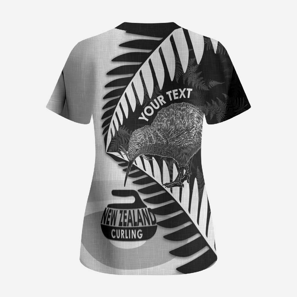 New Zealand Silver Fern Curling Personalised Scrub Top Aotearoa Kiwi Ponga Black White Version - Aussie Hoodie