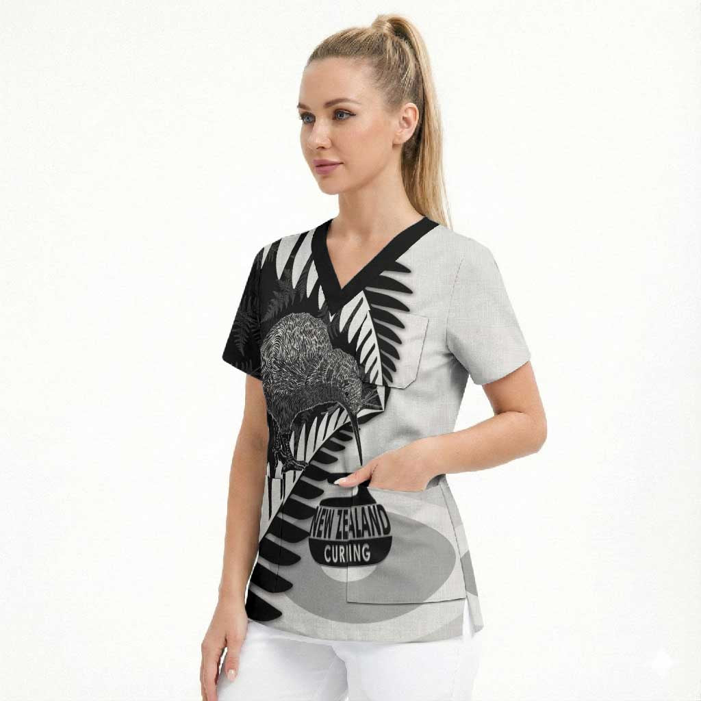 New Zealand Silver Fern Curling Personalised Scrub Top Aotearoa Kiwi Ponga Black White Version - Aussie Hoodie