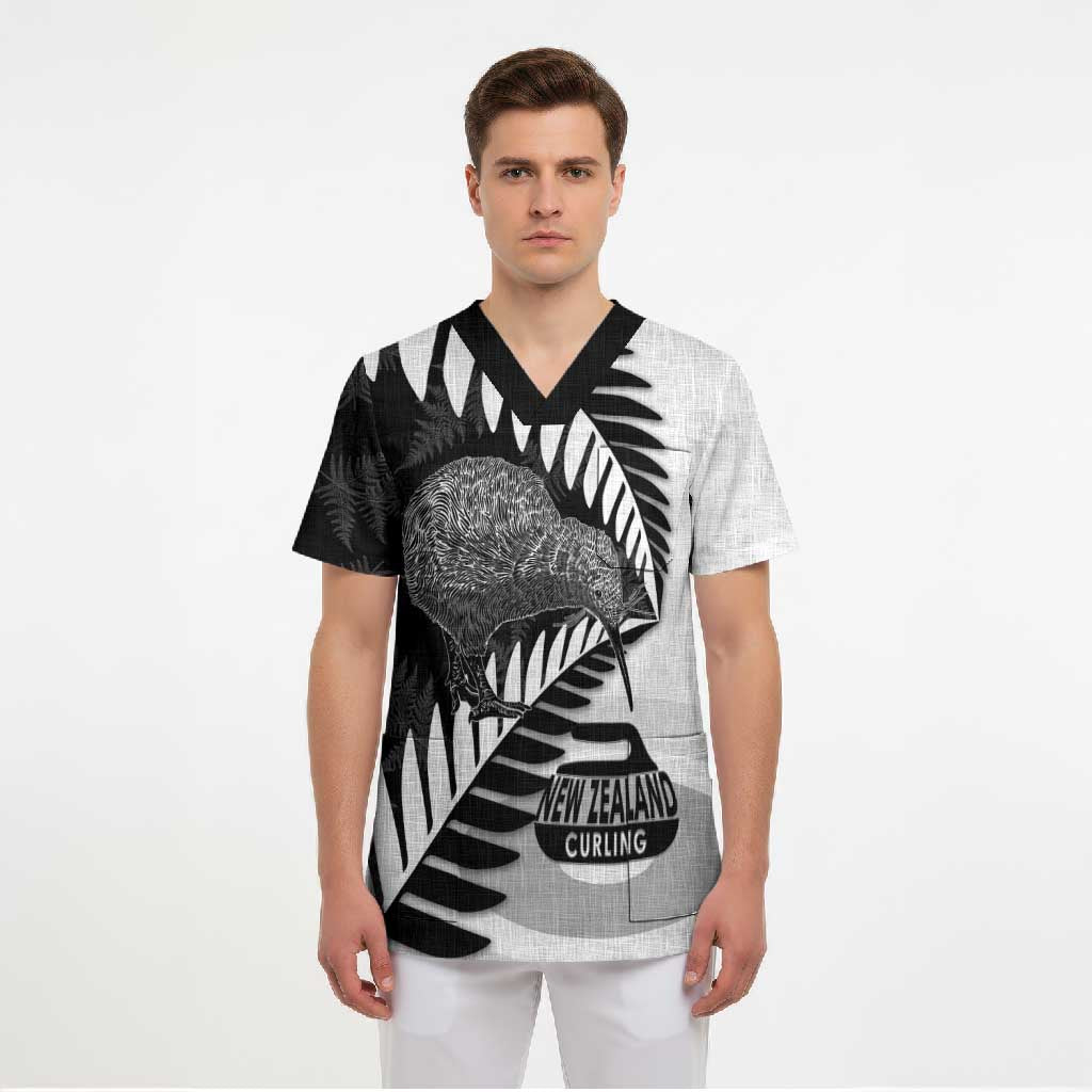 New Zealand Silver Fern Curling Personalised Scrub Top Aotearoa Kiwi Ponga Black White Version - Aussie Hoodie
