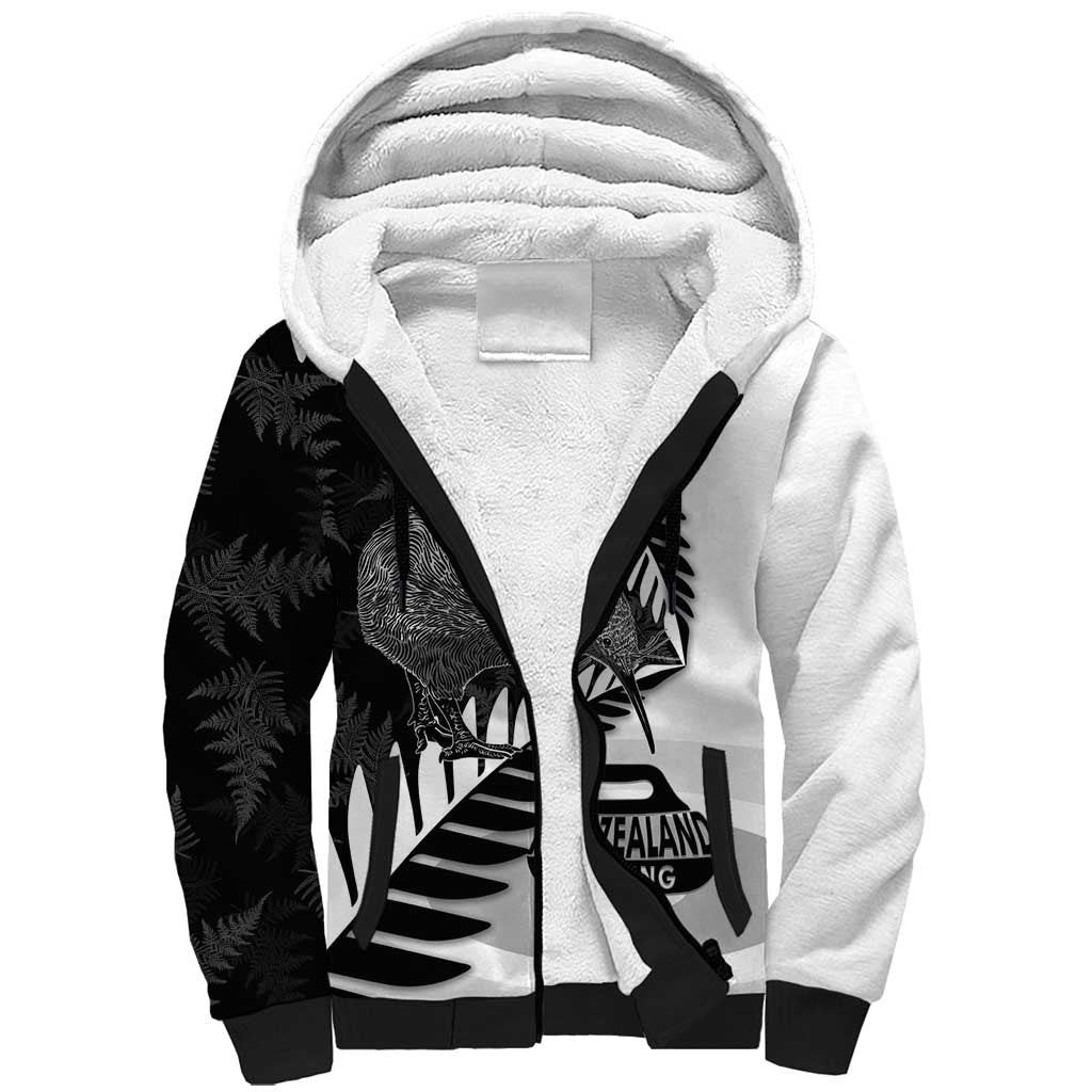 New Zealand Silver Fern Curling Personalised Sherpa Hoodie Aotearoa Kiwi Ponga Black White Version - Aussie Hoodie