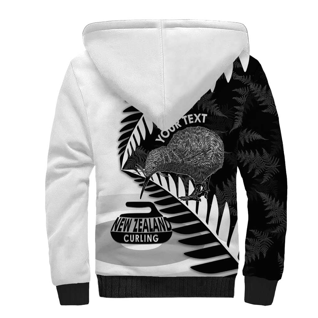 New Zealand Silver Fern Curling Personalised Sherpa Hoodie Aotearoa Kiwi Ponga Black White Version - Aussie Hoodie
