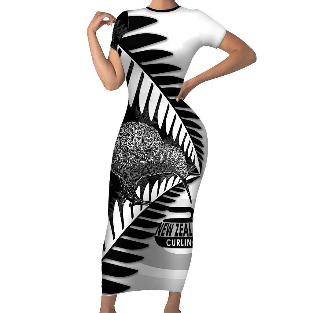 New Zealand Silver Fern Curling Personalised Short Sleeve Bodycon Dress Aotearoa Kiwi Ponga Black White Version - Aussie Hoodie