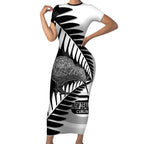 New Zealand Silver Fern Curling Personalised Short Sleeve Bodycon Dress Aotearoa Kiwi Ponga Black White Version - Aussie Hoodie