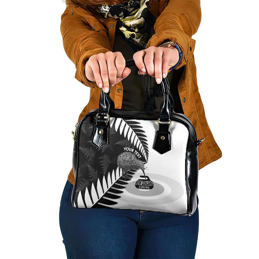 New Zealand Silver Fern Curling Personalised Shoulder Handbag Aotearoa Kiwi Ponga Black White Version - Aussie Hoodie