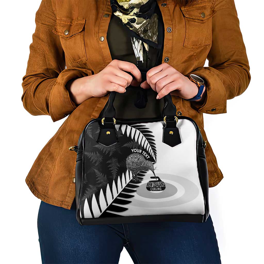 New Zealand Silver Fern Curling Personalised Shoulder Handbag Aotearoa Kiwi Ponga Black White Version - Aussie Hoodie