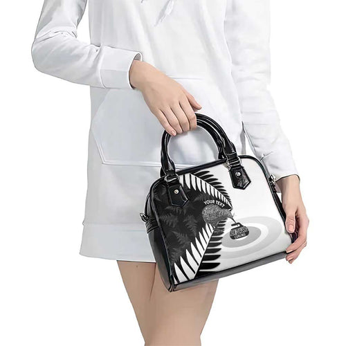 New Zealand Silver Fern Curling Personalised Shoulder Handbag Aotearoa Kiwi Ponga Black White Version - Aussie Hoodie