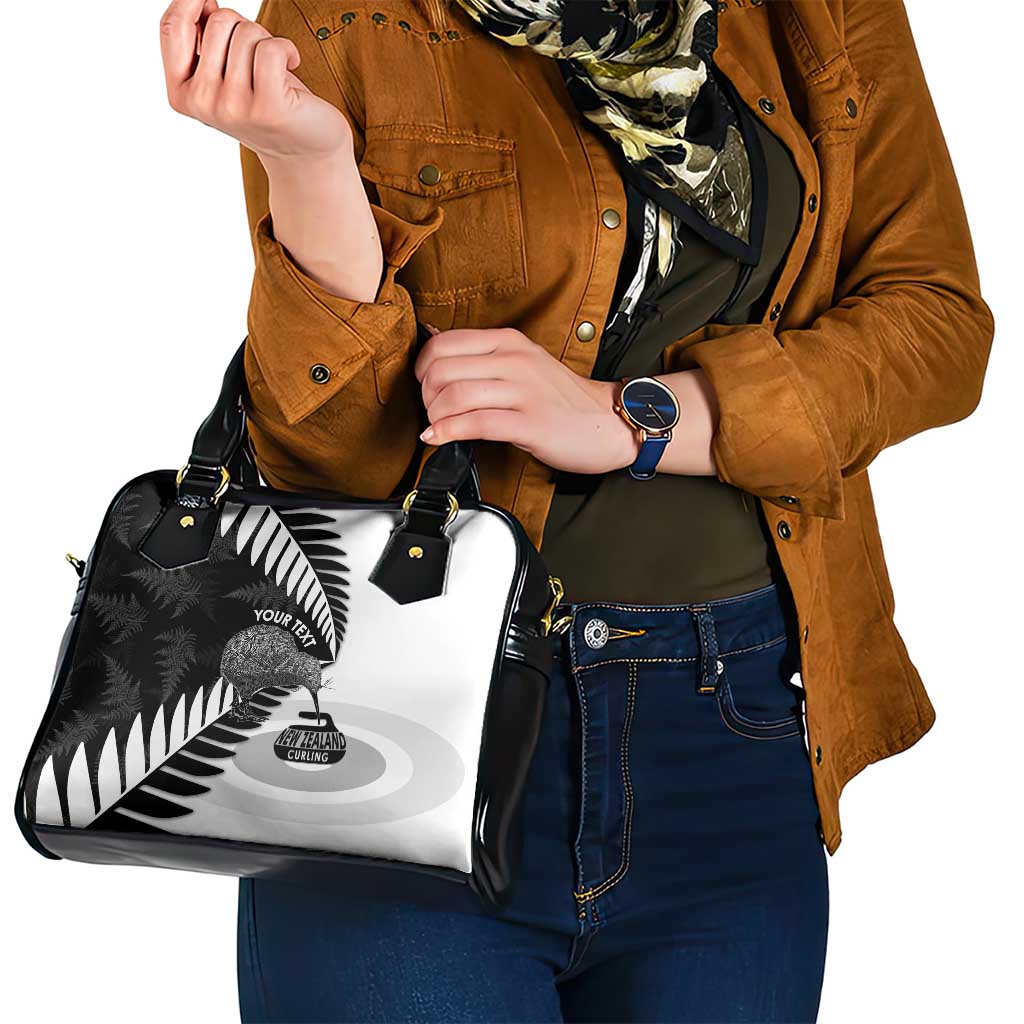 New Zealand Silver Fern Curling Personalised Shoulder Handbag Aotearoa Kiwi Ponga Black White Version - Aussie Hoodie