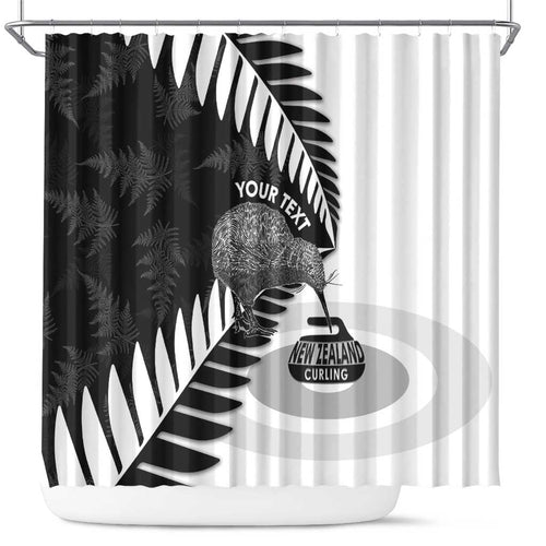 New Zealand Silver Fern Curling Personalised Shower Curtain Aotearoa Kiwi Ponga Black White Version - Aussie Hoodie