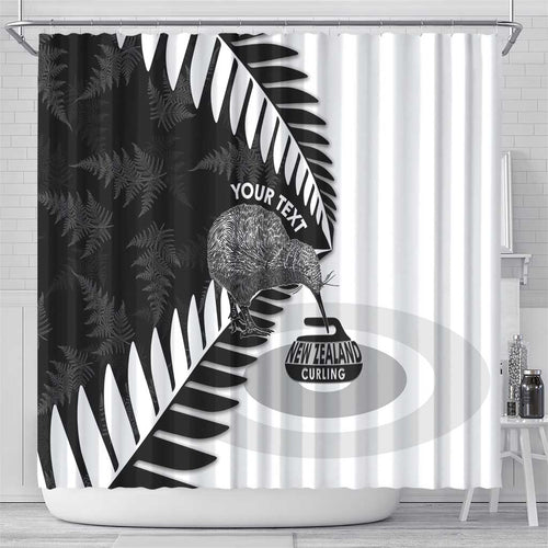 New Zealand Silver Fern Curling Personalised Shower Curtain Aotearoa Kiwi Ponga Black White Version - Aussie Hoodie