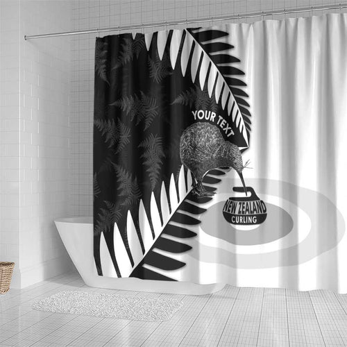 New Zealand Silver Fern Curling Personalised Shower Curtain Aotearoa Kiwi Ponga Black White Version - Aussie Hoodie