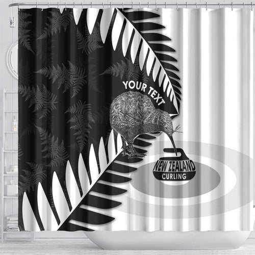 New Zealand Silver Fern Curling Personalised Shower Curtain Aotearoa Kiwi Ponga Black White Version - Aussie Hoodie