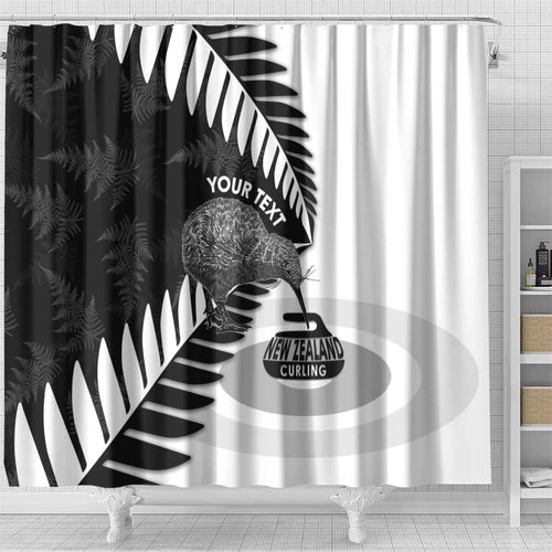 New Zealand Silver Fern Curling Personalised Shower Curtain Aotearoa Kiwi Ponga Black White Version - Aussie Hoodie