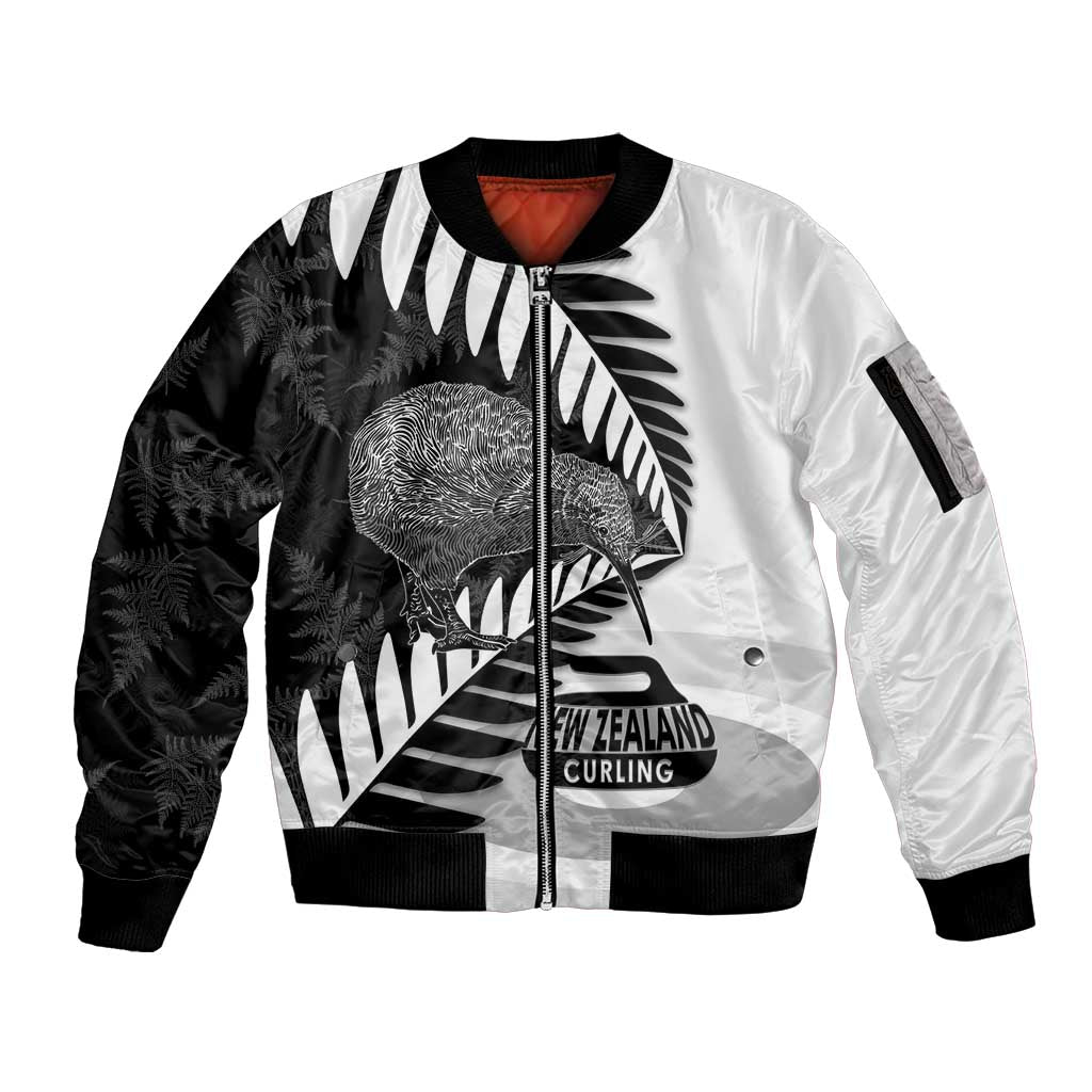 New Zealand Silver Fern Curling Personalised Sleeve Zip Bomber Jacket Aotearoa Kiwi Ponga Black White Version - Aussie Hoodie