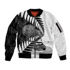 New Zealand Silver Fern Curling Personalised Sleeve Zip Bomber Jacket Aotearoa Kiwi Ponga Black White Version - Aussie Hoodie
