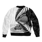 New Zealand Silver Fern Curling Personalised Sleeve Zip Bomber Jacket Aotearoa Kiwi Ponga Black White Version - Aussie Hoodie