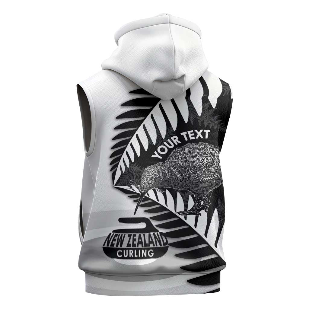 New Zealand Silver Fern Curling Personalised Sleeveless Hoodie Aotearoa Kiwi Ponga Black White Version - Aussie Hoodie