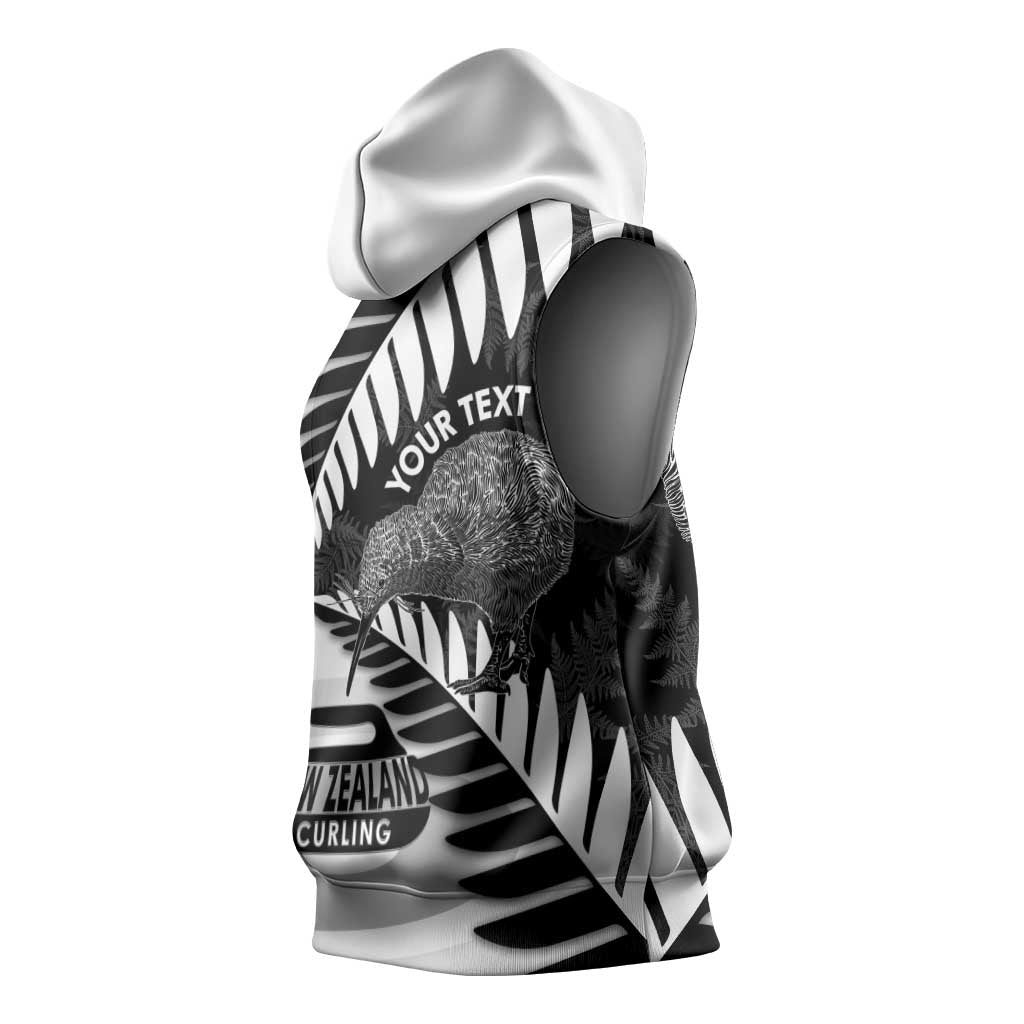 New Zealand Silver Fern Curling Personalised Sleeveless Hoodie Aotearoa Kiwi Ponga Black White Version - Aussie Hoodie