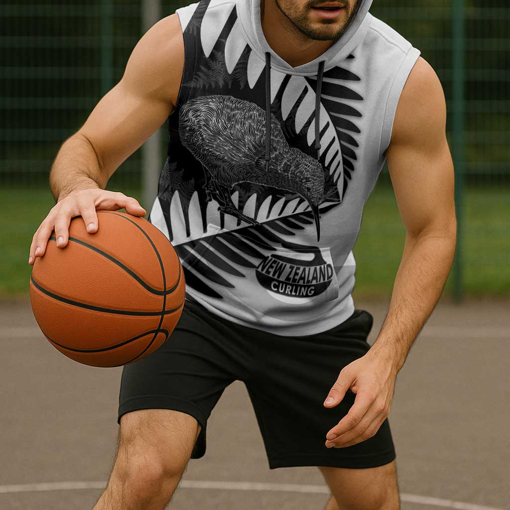 New Zealand Silver Fern Curling Personalised Sleeveless Hoodie Aotearoa Kiwi Ponga Black White Version - Aussie Hoodie