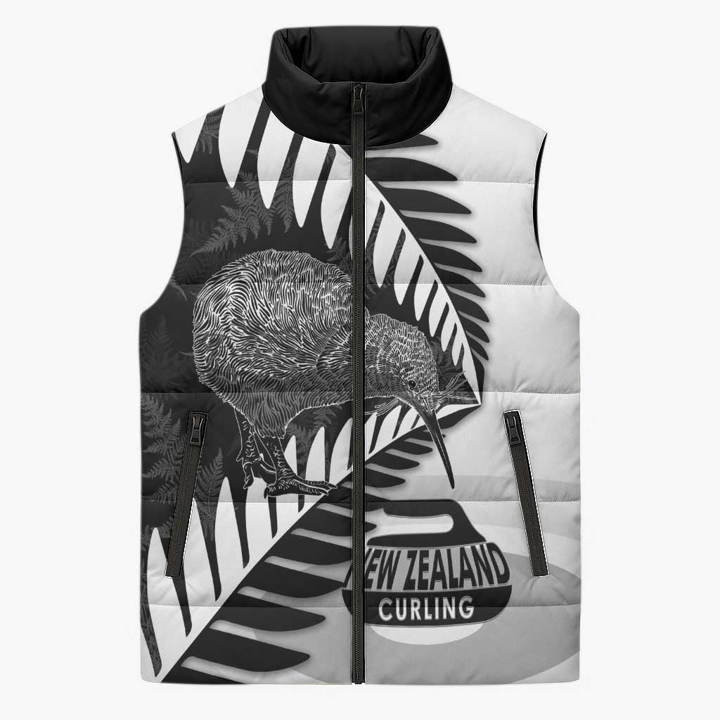 New Zealand Silver Fern Curling Personalised Sleeveless Puffer Jacket Aotearoa Kiwi Ponga Black White Version - Aussie Hoodie