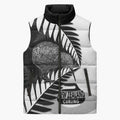 New Zealand Silver Fern Curling Personalised Sleeveless Puffer Jacket Aotearoa Kiwi Ponga Black White Version - Aussie Hoodie