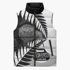New Zealand Silver Fern Curling Personalised Sleeveless Puffer Jacket Aotearoa Kiwi Ponga Black White Version - Aussie Hoodie