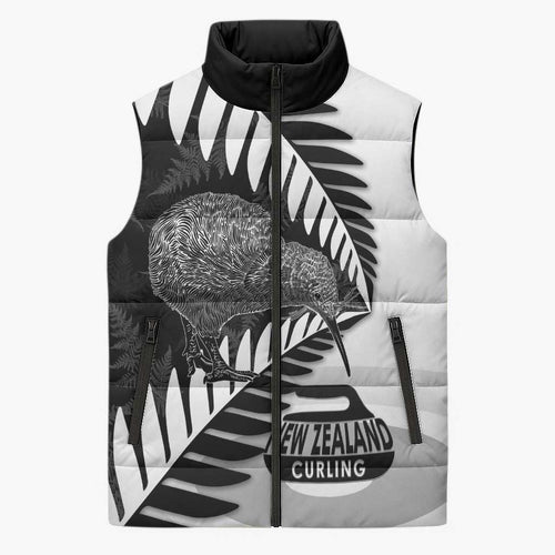New Zealand Silver Fern Curling Personalised Sleeveless Puffer Jacket Aotearoa Kiwi Ponga Black White Version - Aussie Hoodie