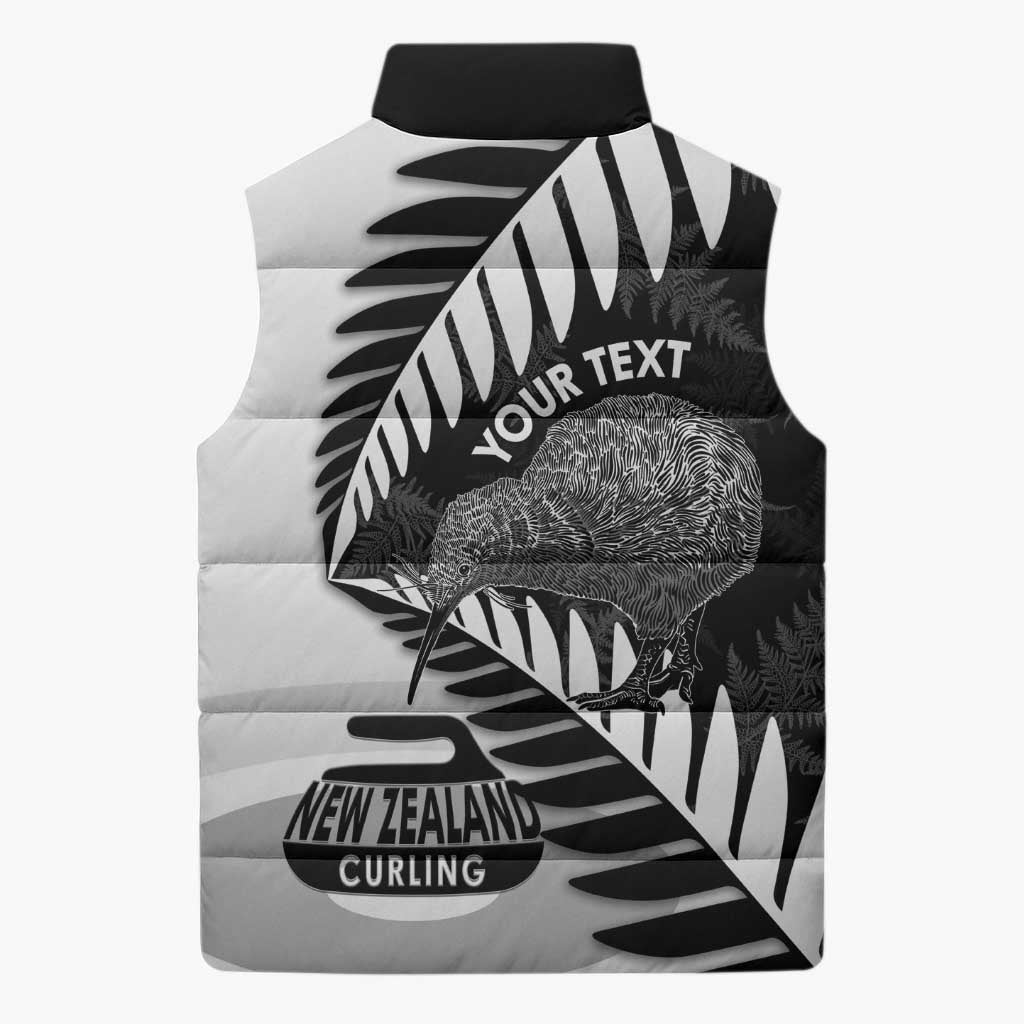 New Zealand Silver Fern Curling Personalised Sleeveless Puffer Jacket Aotearoa Kiwi Ponga Black White Version - Aussie Hoodie