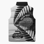 New Zealand Silver Fern Curling Personalised Sleeveless Puffer Jacket Aotearoa Kiwi Ponga Black White Version - Aussie Hoodie