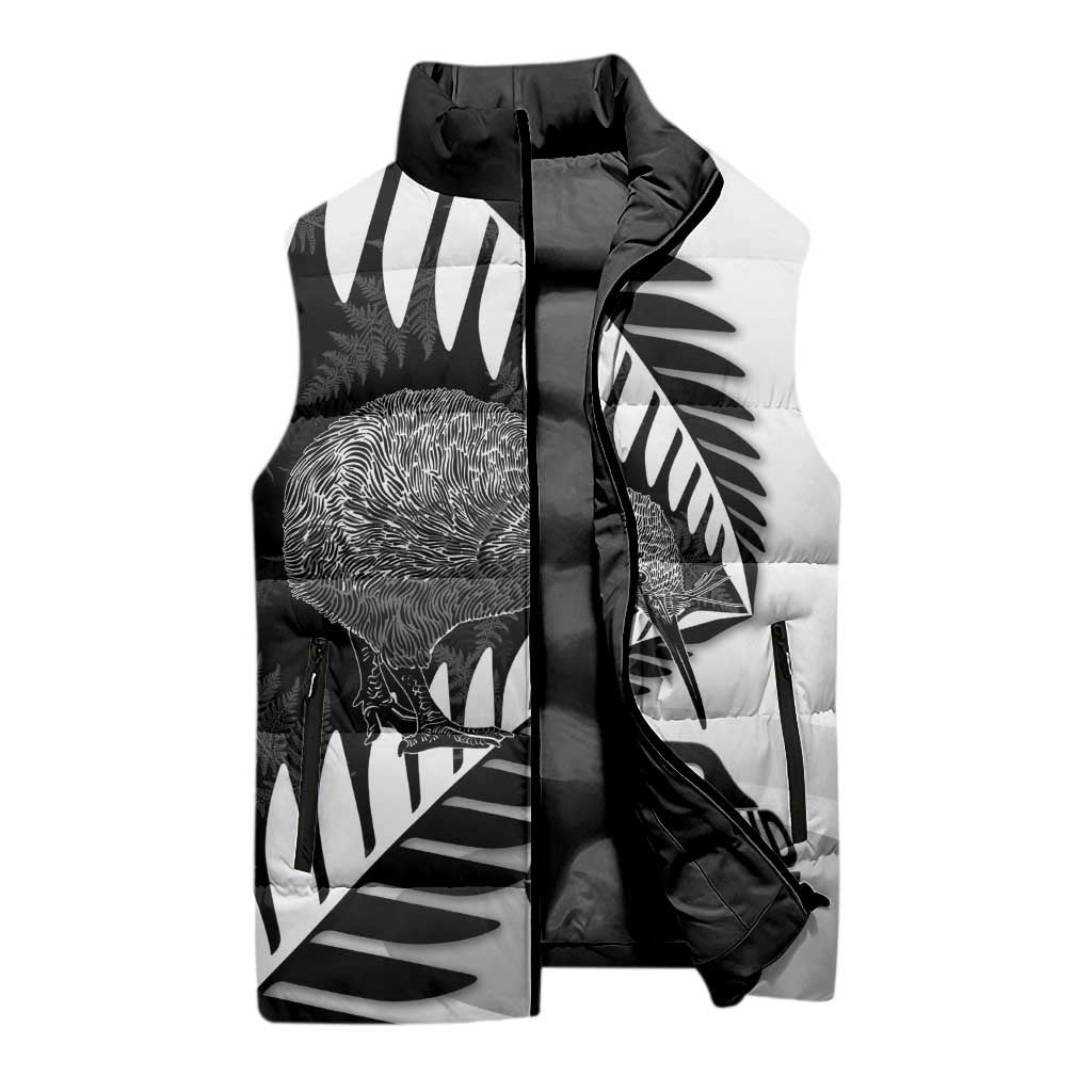 New Zealand Silver Fern Curling Personalised Sleeveless Puffer Jacket Aotearoa Kiwi Ponga Black White Version - Aussie Hoodie
