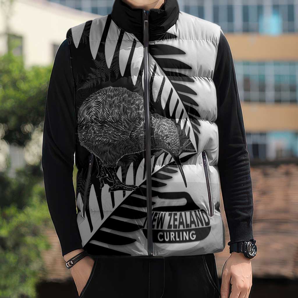 New Zealand Silver Fern Curling Personalised Sleeveless Puffer Jacket Aotearoa Kiwi Ponga Black White Version - Aussie Hoodie