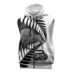 New Zealand Silver Fern Curling Personalised Sleeveless Zip Hoodie Aotearoa Kiwi Ponga Black White Version - Aussie Hoodie