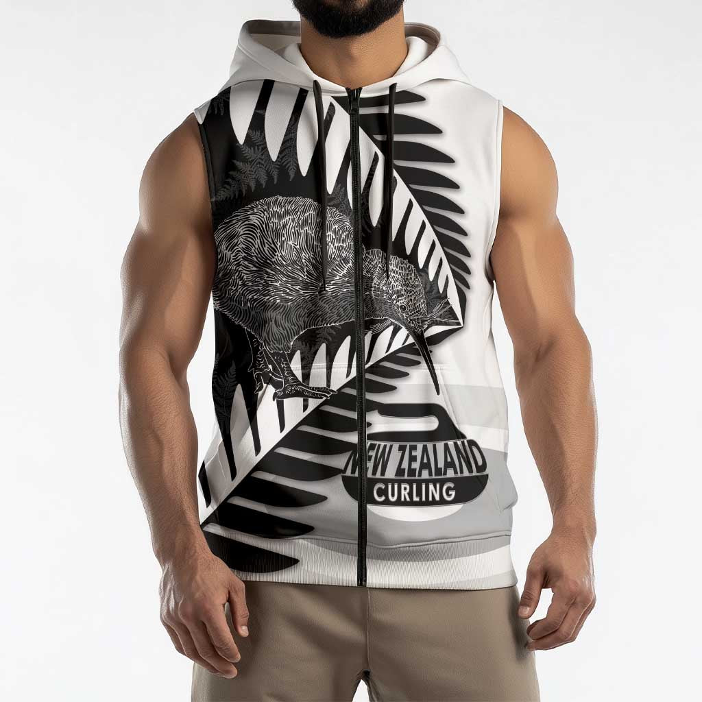 New Zealand Silver Fern Curling Personalised Sleeveless Zip Hoodie Aotearoa Kiwi Ponga Black White Version - Aussie Hoodie