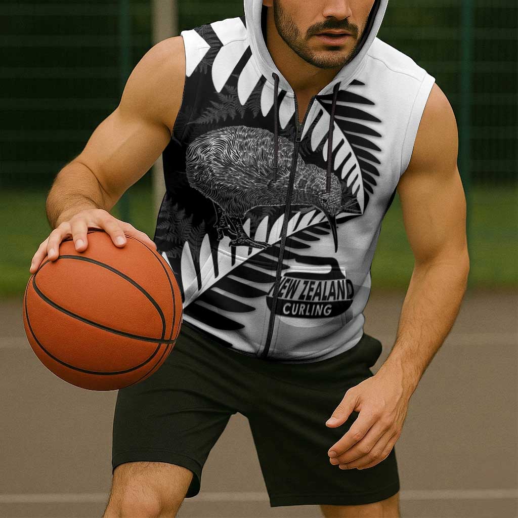 New Zealand Silver Fern Curling Personalised Sleeveless Zip Hoodie Aotearoa Kiwi Ponga Black White Version - Aussie Hoodie