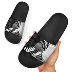 New Zealand Silver Fern Curling Personalised Slide Sandals Aotearoa Kiwi Ponga Black White Version - Aussie Hoodie
