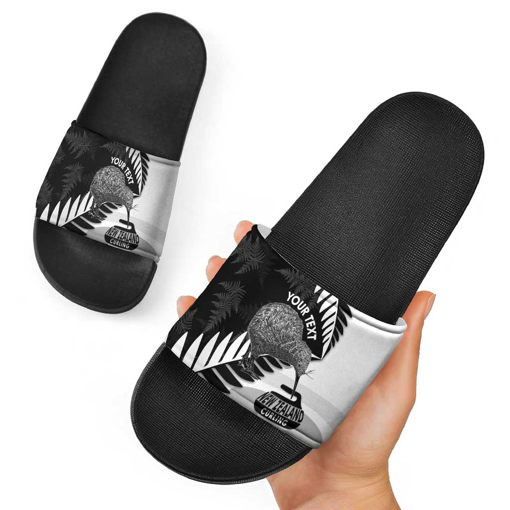 New Zealand Silver Fern Curling Personalised Slide Sandals Aotearoa Kiwi Ponga Black White Version - Aussie Hoodie