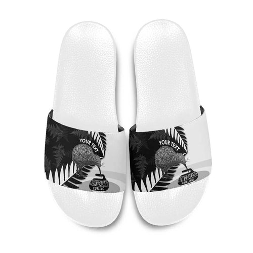 New Zealand Silver Fern Curling Personalised Slide Sandals Aotearoa Kiwi Ponga Black White Version - Aussie Hoodie