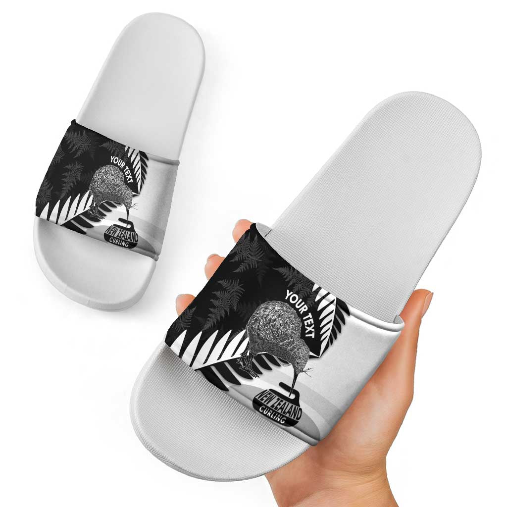 New Zealand Silver Fern Curling Personalised Slide Sandals Aotearoa Kiwi Ponga Black White Version - Aussie Hoodie